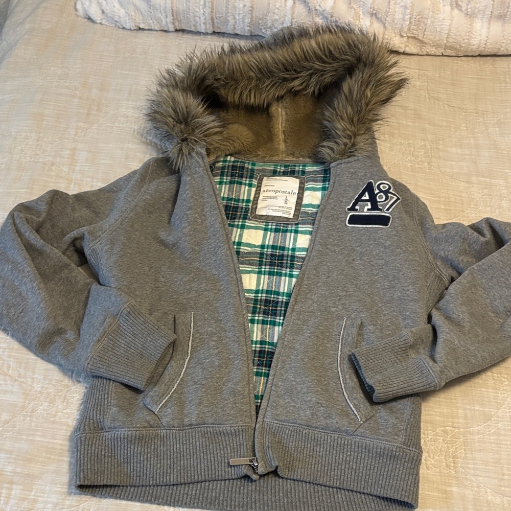Aeropostale Kids Gray Hoodie with Plaid Lining